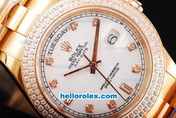 Rolex Day Date II Automatic Movement Full Rose Gold with Double Row Diamond Bezel-Diamond Markers and White Dial - Click Image to Close
